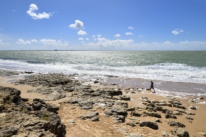 France, Charente-Maritime (17), Ile d'Aix, la Grande Plage qui s'étend sur plus d'un kilomètre et le Fort Boyard en arrière plan