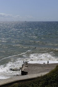 France, Seine-Maritime (76), Le Havre, observation du passage des grands porte-containers depuis la grande plage à Sainte-Adresse