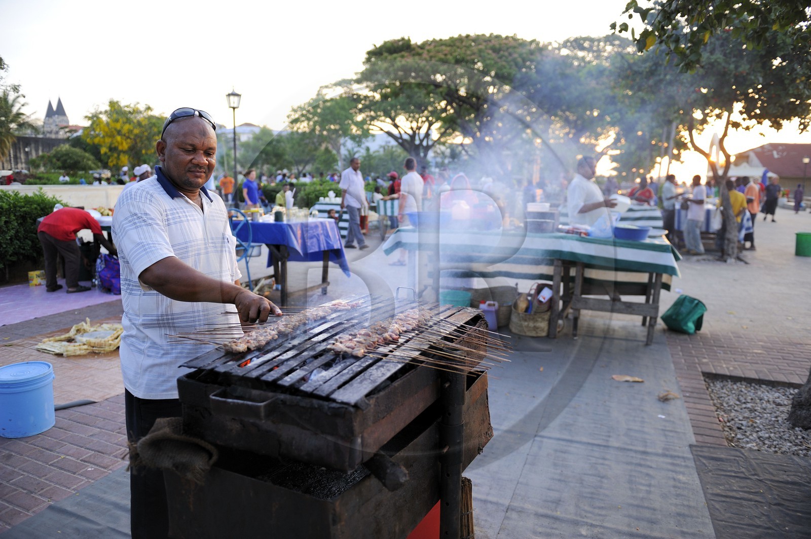 Tanzanie, archipel de Zanzibar, île de Unguja (Zanzibar), ville de Zanzibar, quartier Stone Town, classé Patrimoine Mondial de l' UNESCO, vendeur de viande grillée dans les jardins Forodhani Tanzanie, archipel de Zanzibar, île de Unguja (Zanzibar), ville de Zanzibar, quartier Stone Town, classé Patrimoine Mondial de l' UNESCO, vendeur de viande grillée dans les jardins Forodhani