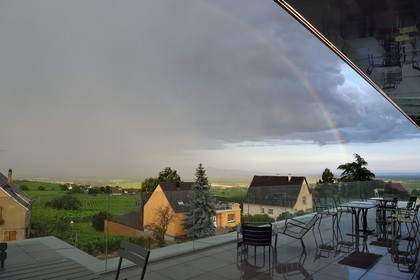 France, Haut Rhin, the Alsace Wine Route, Voegtlinshoffen, Joseph Cattin House winery belvedere, view on the vineyard under a rainbow after the storm