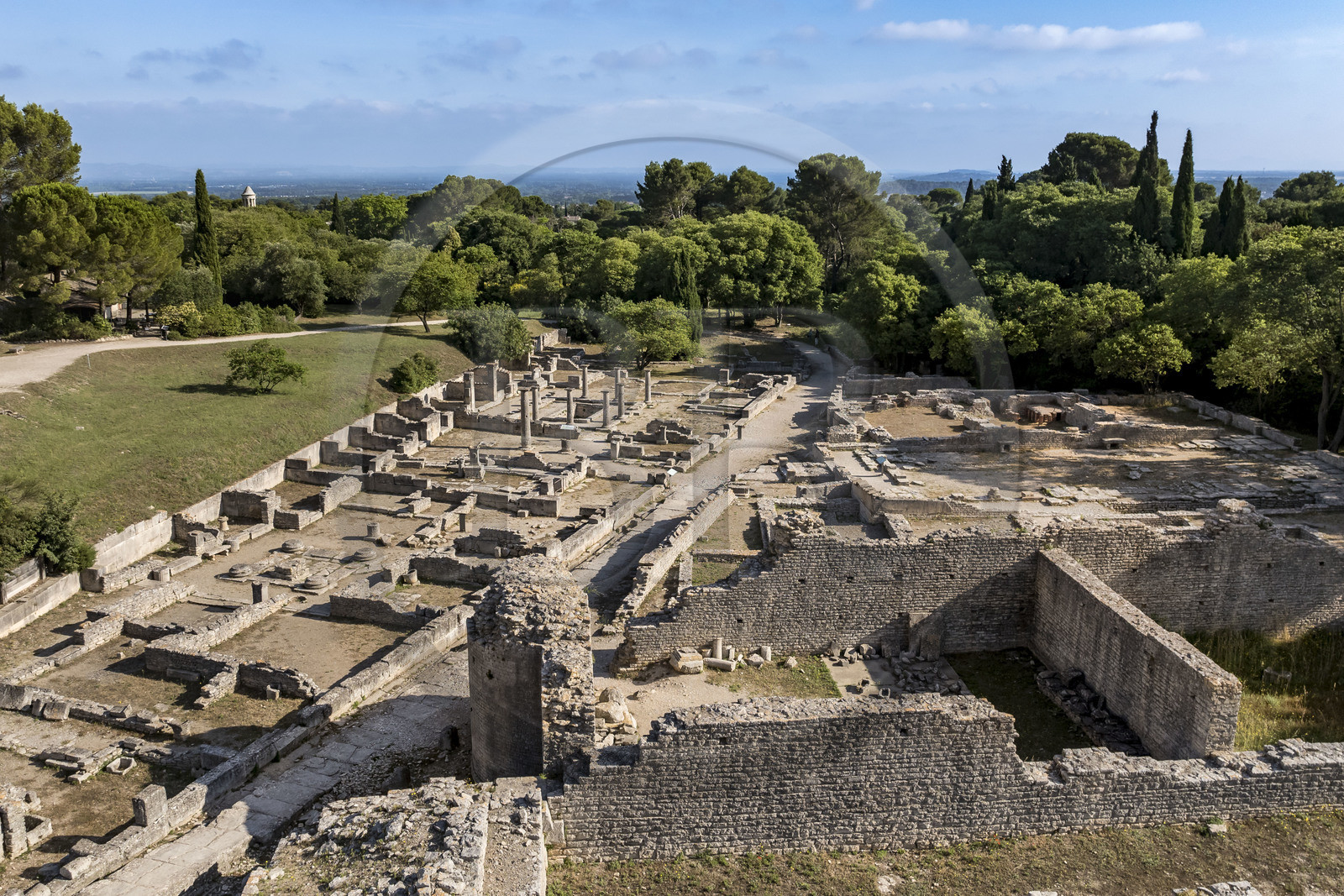 France, Bouches du Rhone, Regional Natural Park of the Alpilles, Saint Remy de Provence, site archéologique de Glanum (aerial view)