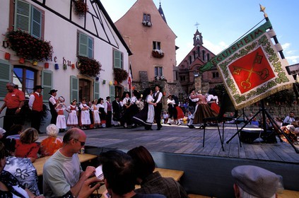 France, Haut Rhin, Eguisheim village, labelled Les Plus Beaux Villages de France (The Most Beautiful Villages of France), wine celebration, folkloric dance in costume