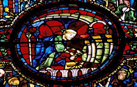 France, Eure et Loir, Chartres, Notre Dame de Chartres Cathedral listed as World Heritage by UNESCO, stained glass window, cellarer takes the wine (13th century)