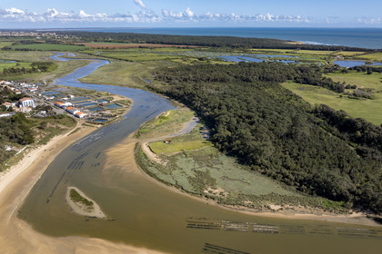France, Vendée (85), Talmont-Saint-Hilaire, port du village d'ostréiculteurs de la Guittière dans l'estuaire du Payré (vue aérienne)