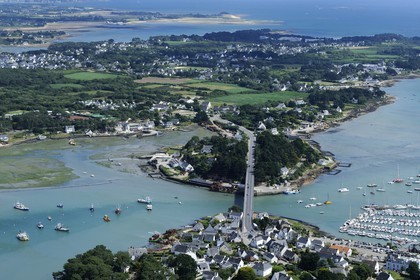 France, Morbihan,  La Trinite sur Mer, the port and the Crach river (aerial view)