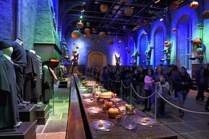 United Kingdom, Hertfordshire, Leavesden, Leavesden Film Studios, Harry Potter Studio Tour London, the scene of the eight Harry Potter movies' making of, the great hall in Hogwarts School featuring over 100 hand-carved floating pumpkins for halloween