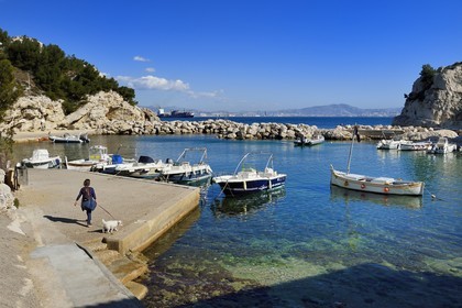 France, Bouches du Rhone, Le Rove towards Marseille, the Cote Bleue (Blue Coast), hike from Niolon to Cap Méjean along the Customs Trail, the Niolon port and the city of Marseille in the background