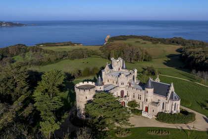 France, Pyrenees Atlantiques, Basque Country coast, Hendaye, Abbadia castle built in 1870 by Eugène Viollet-le-Duc for Antoine d'Abbadie d'Arrast (aerial view)