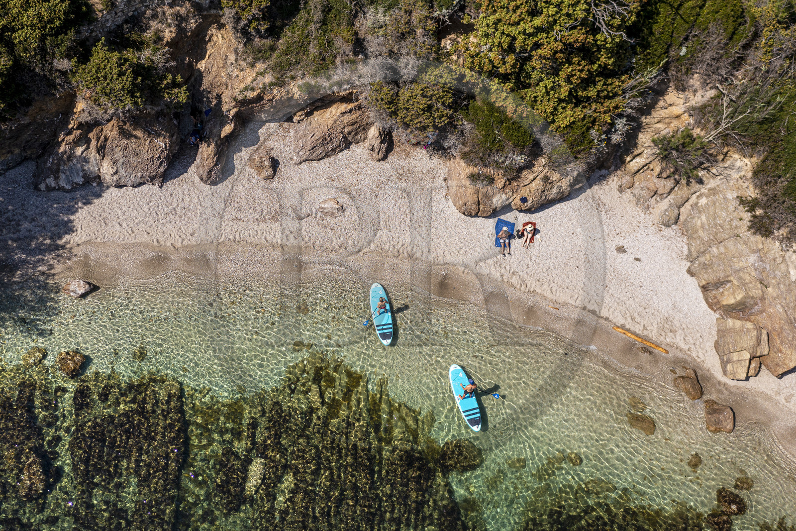 France, Var (83), Six-Fours-les-Plages, Ile des Embiez, plage du Coucoussa, le champion de windsurf Freestyle Adrien Bosson en randonnée aquatique sur un paddle (vue aérienne)