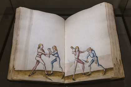 France, Paris, Musée de Cluny - Musée national du Moyen-Age (Middle Ages Museum in the former Hotel de Cluny), fighting treatise of 1490-1500, the text which was to appear there was never written