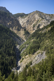 France, Hautes Alpes (05), Crots, forêt domaniale de Boscodon, vue sur le torrent du Bragousse et le col de la Rousse depuis le sentier des Moines