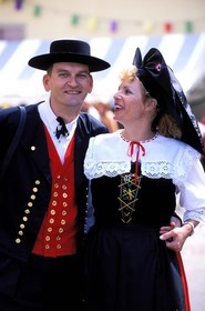 France, Haut Rhin, Eguisheim village, labelled Les Plus Beaux Villages de France (The Most Beautiful Villages of France), wine celebration, Alsatian couple in costume