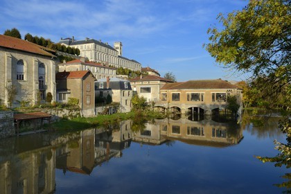 France, Meuse, the Meuse at Verdun, the former Bishop's Palace and the Cathedral in the background