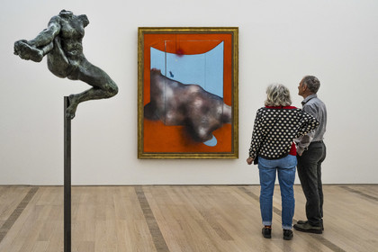 Switzerland, Basel, Riehen, Beyeler Foundation, Iris, messenger of the gods (flying figure) (1890-1891) sculpture by Auguste Rodin and Sand Dune (1983) by Francis Bacon