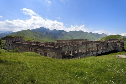 France, Alpes-Maritimes, the Central Fort quartering at the Col (pass) de Tende (1871m), fortifications built by the Italians in 1881 and the mountain of the Roche de l'Abisse in the background