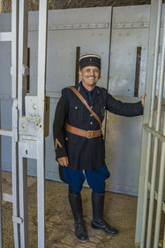 France, Alpes-Maritimes, Eze, Fort de la Revere in the Grande Corniche Forest Park and built between 1882 and 1885, Alain Fine in a mobile guard uniform from 1942