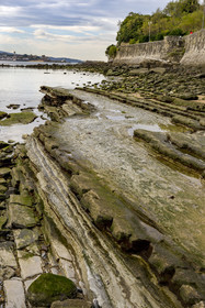 France, Pyrenees Atlantiques, Basque Country, Saint Jean de Luz, rocks of Pointe Sainte Barbe beach at low tide