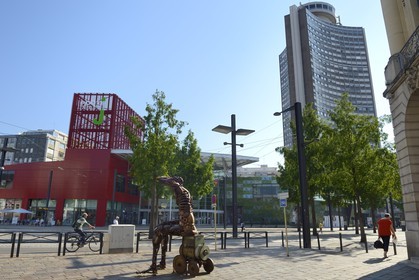 France, Haut Rhin, Mulhouse, Tour de l'Europe by architect Francois Spoerry and Porte Jeune shopping center by architects B. Reichen, P. Robert TOA