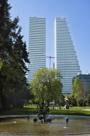 Switzerland, Basel, the Roche Towers seen from the Tinguely museum, the tallest in Switzerland designed by the architects Herzog and de Meuron