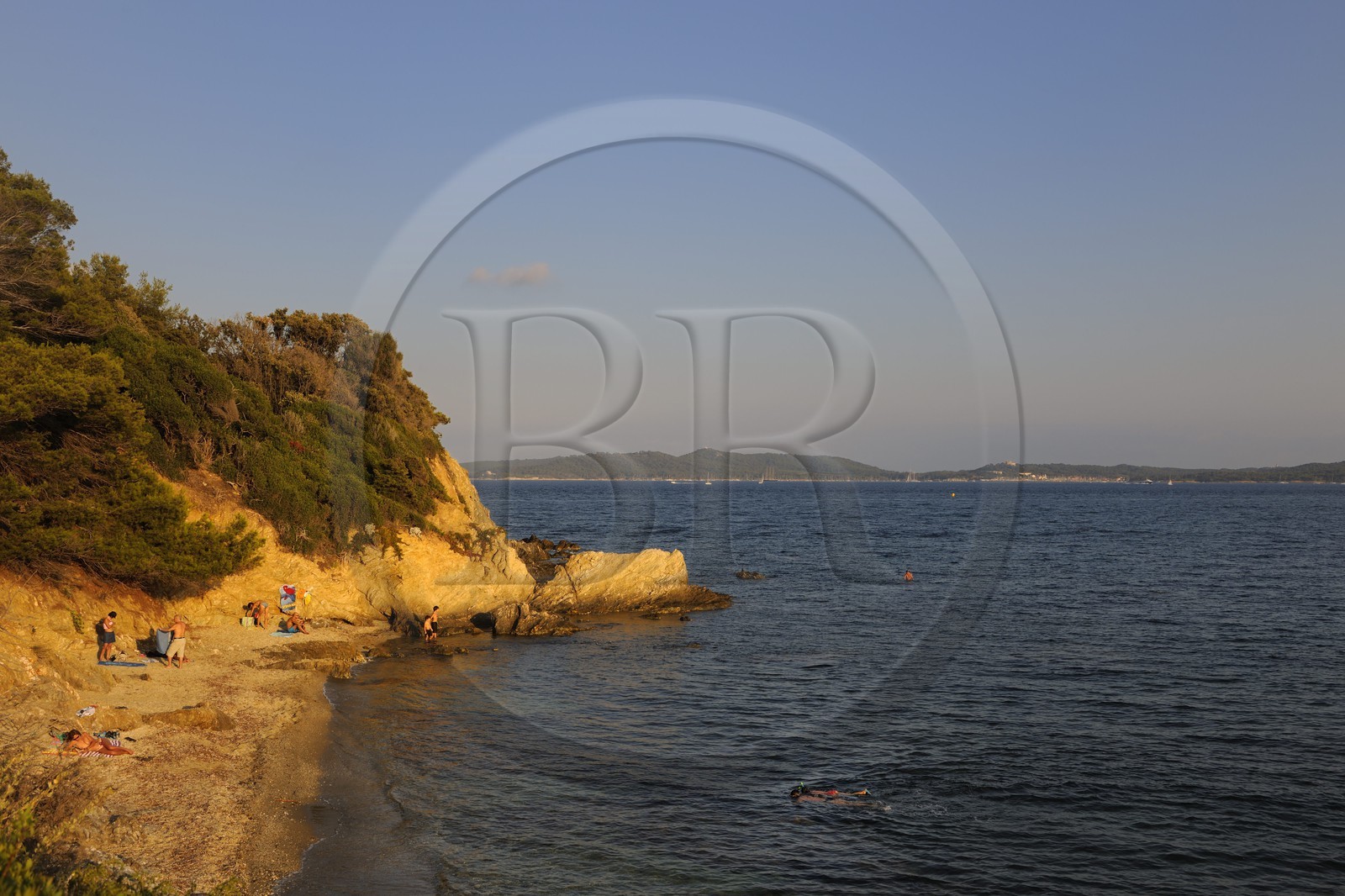 France, Var (83), presqu'île de Giens, la côte vers la Tour Fondue, plongée en apnée avec l'île de Porquerolles en arrière plan