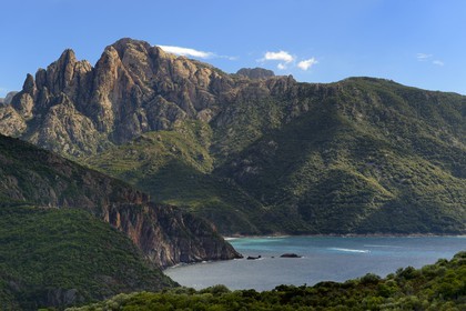 France, Corse du Sud, Golfe de Porto, listed as World Heritage by UNESCO, the Capo d'Orto mountain in the background