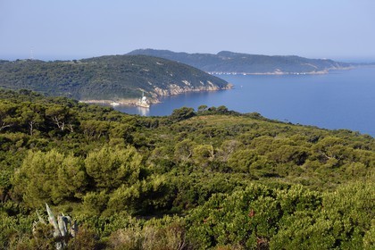 France, Var (83), Iles d'Hyères, Parc national de Port Cros, Ile du Levant, Port Avis protégé par l'ex-frégate lance-missiles Suffren qui fait office de brise lame et l'Ile de Port Cros en arrière plan à droite