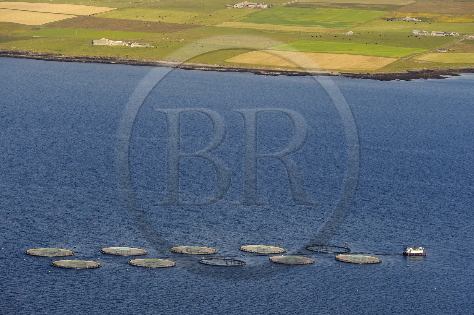 Royaume-Uni, Ecosse, Iles Orcades, Ile de Mainland, pisciculture en mer et champs (vue aérienne)