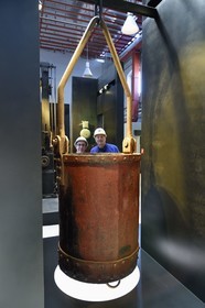 France, Moselle, Petite Rosselle, carreau Wendel museum, former miners behind a cuffat
