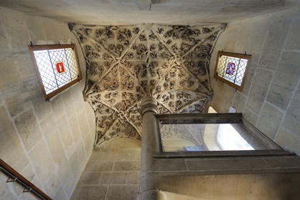 France, Paris (75), La tour (de) Jean-sans-Peur édifiée au XVe siècle, dernier vestige de l'hôtel des ducs de Bourgogne rue Étienne-Marcel, construite sur l'enceinte Philippe-Auguste, le décor végétal de la voûte de l'escalier à vis