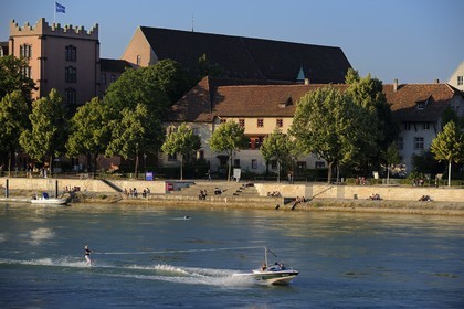 Switzerland, Canton Basel-Stadt, Basel, Little Basel district on the right bank of the river Rhine, waterskiing
