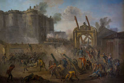 France, Paris, Marais district, Carnavalet Museum, painting (detail) of the Storming of the Bastille on July 14, 1789 painted by Jean-Baptiste Lallemand around 1789