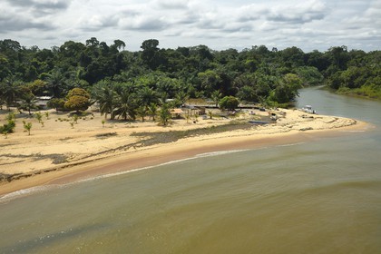 Gabon, Estuaire Province, fishing camp on the coastal zone (aerial view)