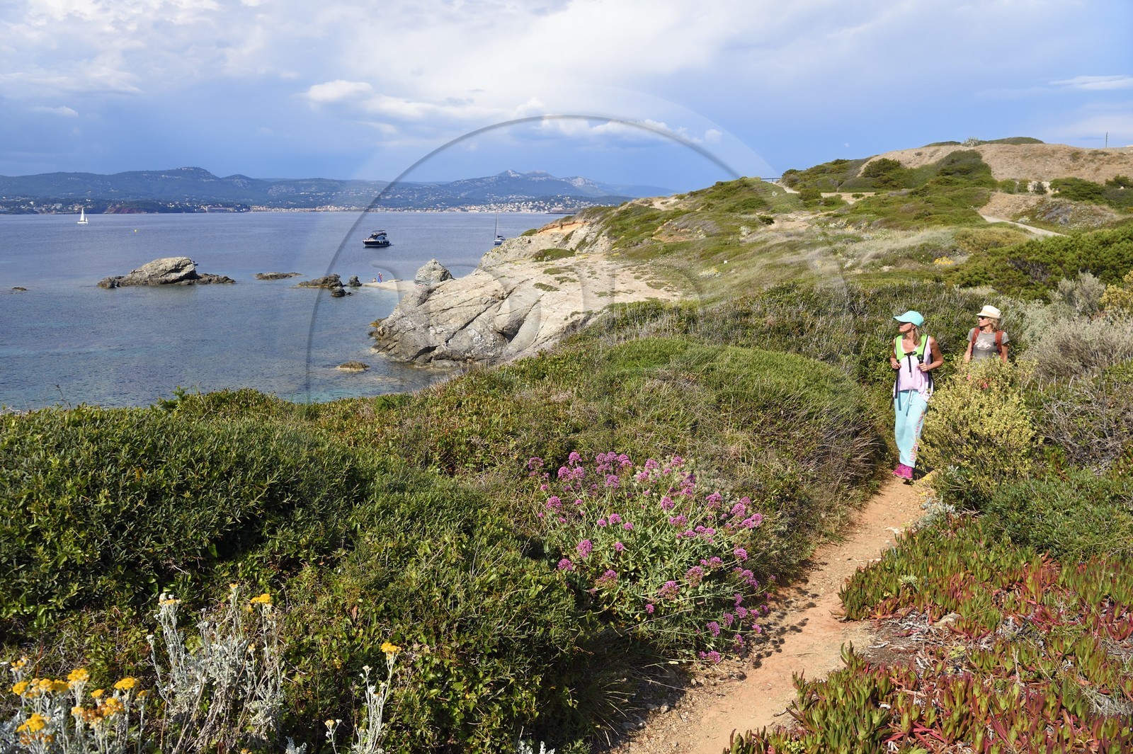 France, Var (83), Six-Fours-les-Plages, Ile des Embiez, randonneurs à la pointe Saint-Pierre