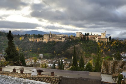 Spain, Andalusia, Granada, Alhambra, listed as World Heritage by UNESCO, and the Sierra Nevada mountains
