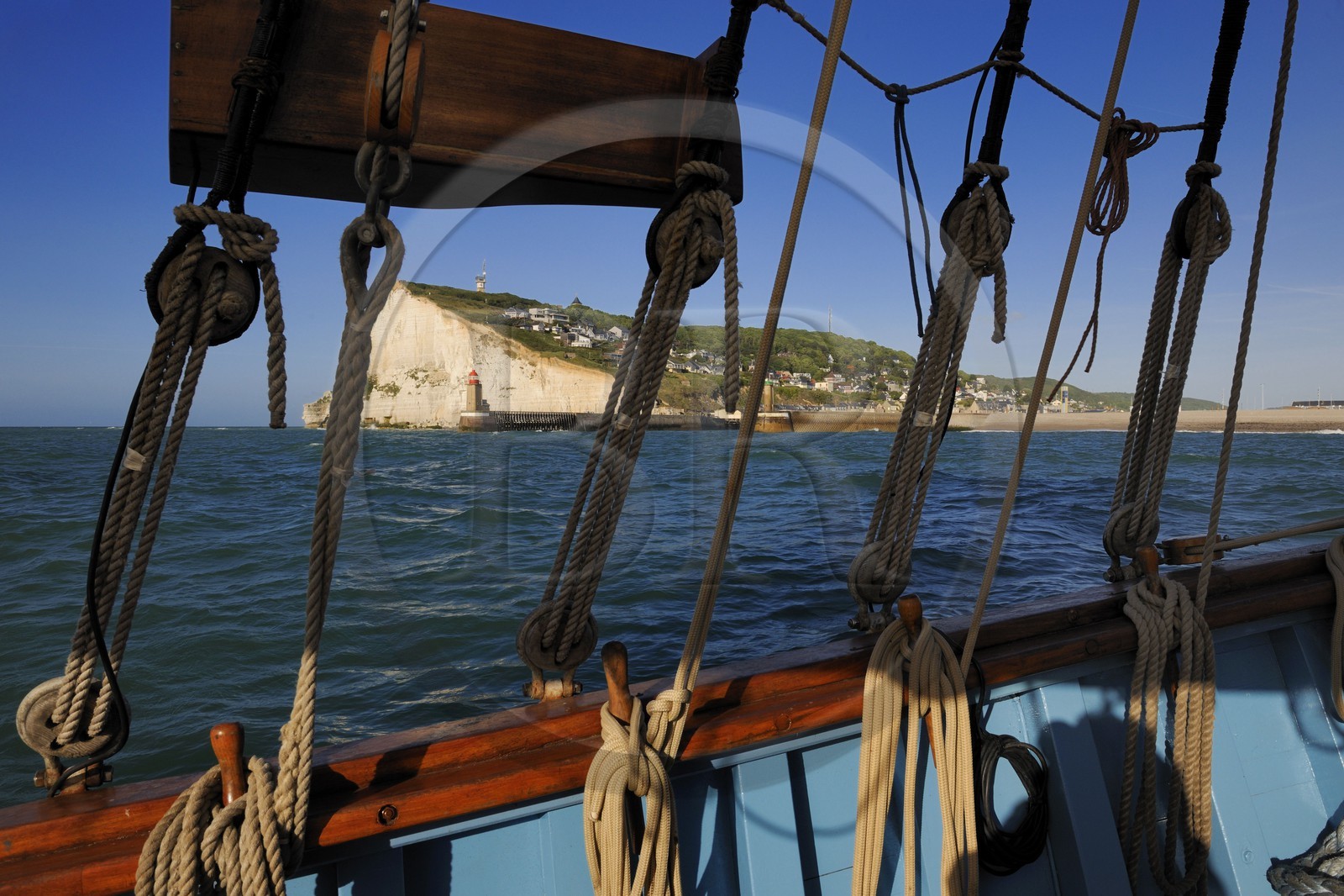 France, Seine Maritime, Pays de Caux, Cote d'Albatre, at sea aboard the old sailing ship Tante Fine off the Cliffs of Fecamp