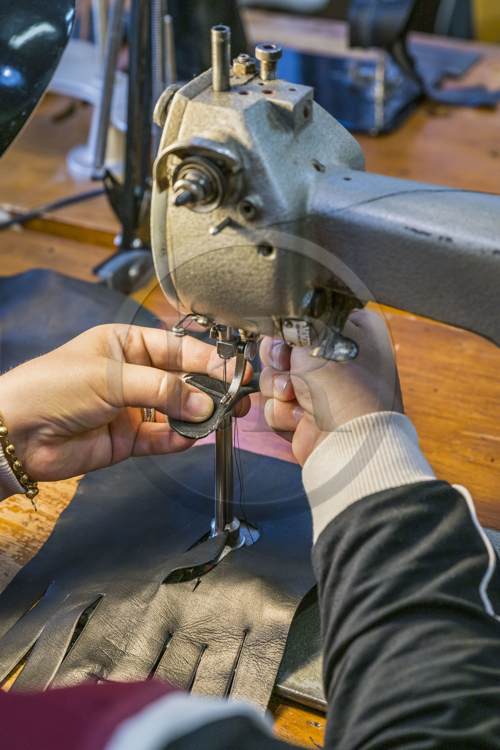 France, Aveyron (12), Millau, Maison Fabre (Ganterie Fabre), manufacture de gants familiale fondée en 1924, atelier de  fabrication de gants cousus en piqué anglais sur des anciennes machines