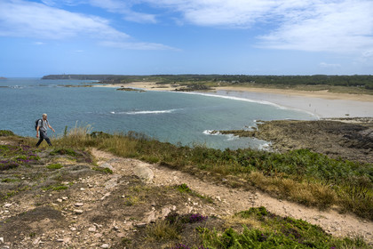 France, Côtes d'Armor (22), Grand Site de France Cap d'Erquy – Cap Fréhel, Fréhel, randonneurs sur le chemin de Grande Randonnée GR34 au dessus de la plage de l'Anse du Croc, le phare du Cap Fréhel en arrière plan