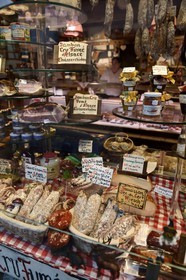 France, Haut Rhin, the Alsace Wine Route, Ribeauvillé, local products in the shop window from the Butcher - Deli Hubert Seidel