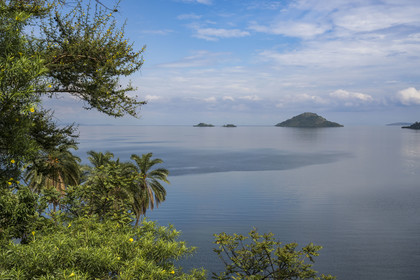 Rwanda, Province de l’Ouest, Karongi (anciennement nommée Kibuye), lac Kivu, l'Ile Napoléon nommé ainsi en raison de sa forme qui ressemble au chapeau de l'empereur en arrière plan
