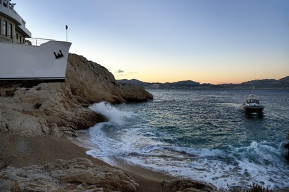 France, Bouches du Rhone, Marseille, Calanques National Park, archipelago of Frioul islands, Ratonneau island, pilot boat infront the base of the maritime pilots