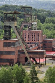 France, Moselle, Petite Rosselle, carreau Wendel museum, the Wendel site and its coal mine shafts seen from Charles Street