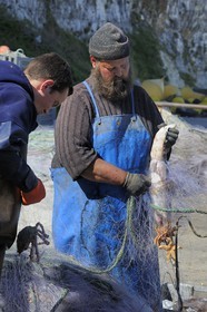 France, Seine-Maritime (76), Veules-les-Roses, pêcheur récupérant la pêche du jour des filets