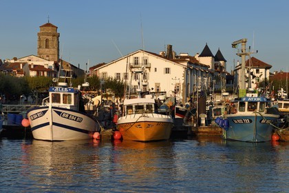 France, Pyrénées-Atlantiques (64), Pays-Basque, Saint-Jean-de-Luz, le port de pêche, l'église Saint-Jean-Baptiste à gauche et la facade blanche de l'hotel de ville à droite