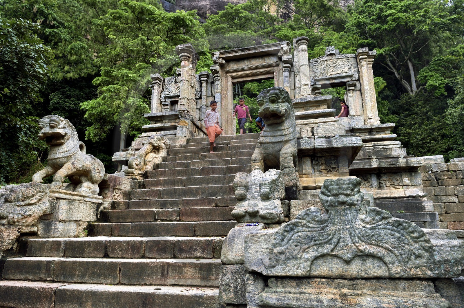 Sri Lanka, Province du Nord Ouest, le grand escalier de la forteresse de granit de Yapahuwa, éphémère capitale du pays au XIIIème siècle, la sculpture du lion