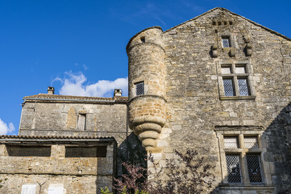France, Aveyron, Causses and the Cévennes, cultural landscape of Mediterranean agro-pastoralism, listed as World Heritage by UNESCO, Sainte-Eulalie-de-Cernon, Templar Commandery then Hospitaller Commandery of the Order of Saint John of Jerusalem, the watchtower on the Renaissance wing dated 1648 in the interior courtyard of the commandery
