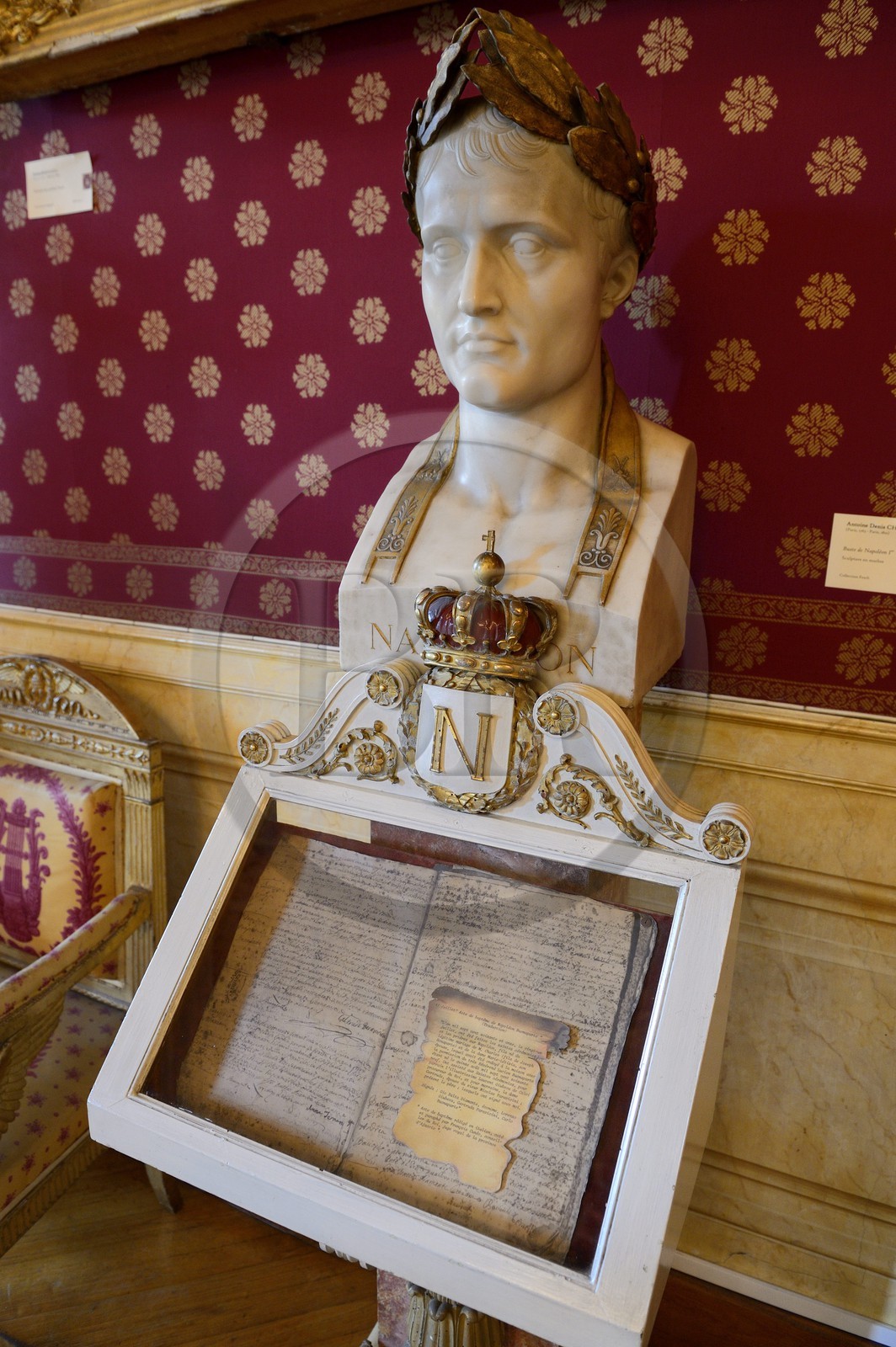 France, Corse-du-Sud (2A), Ajaccio, l’hôtel de ville, salon napoléonien, buste de Napoléon Bonaparte par Antoine Denis Chaudet et la reproduction de son acte de naissance daté du 21 juillet 1771