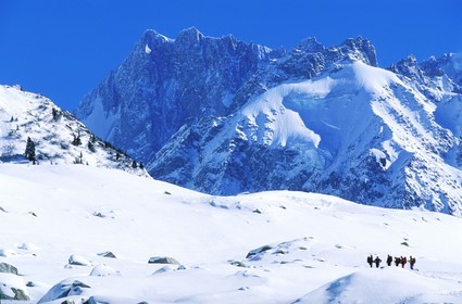 France, Haute Savoie, Chamonix valley, skier on the Mer de glace (Sea of ice) underneath the Aiguille verte in the Vallee Blanche, Mont Blanc
