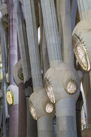 Spain, Catalonia, Barcelona, Eixample district, Sagrada Familia basilica by Catalan modernist architect Antoni Gaudi, listed as a UNESCO World Heritage Site, above the node, the columns of the central vessel (nave) are subdivided into branches like a tree