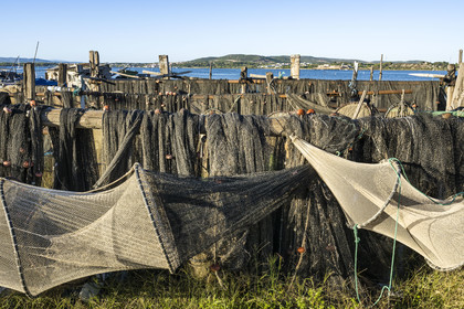 France, Herault, Sete, la Pointe Courte district, fishing district on the banks of the Etang de Thau, fishing nets drying in the sun
