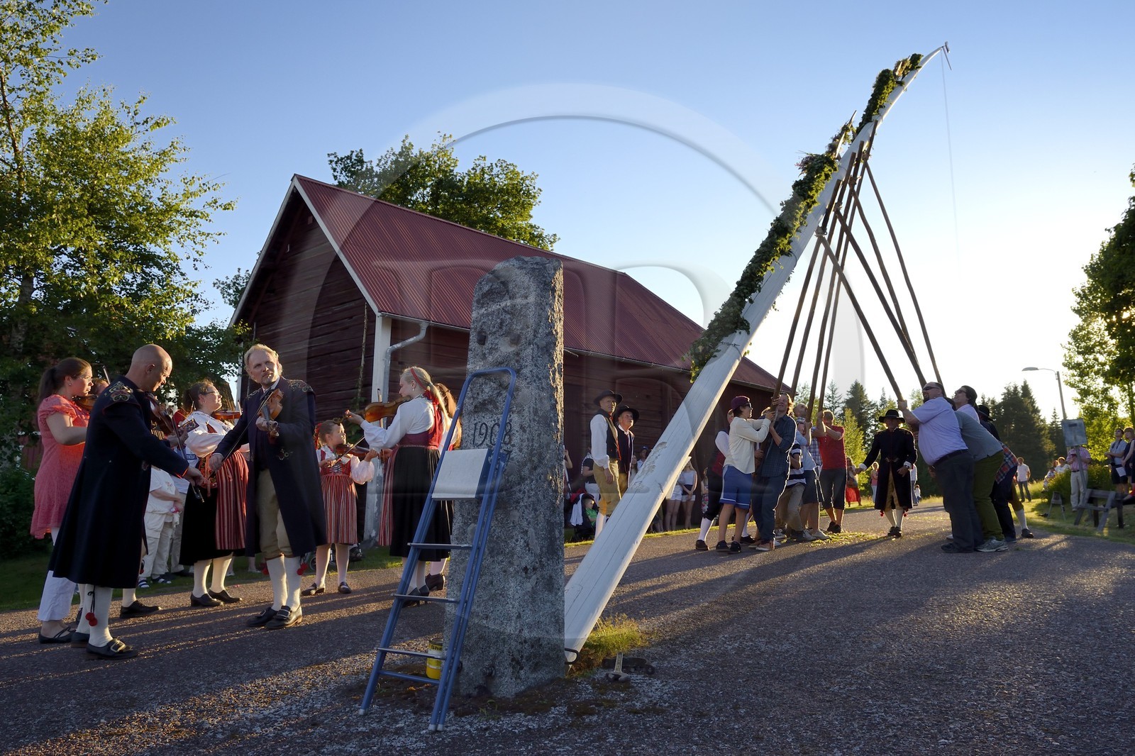 Suède, comté de Dalécarlie, région de Leksand, célébrations du solstice d'été dans le petit hameau de Hjulbäck, levée du mât de l'arbre de mai